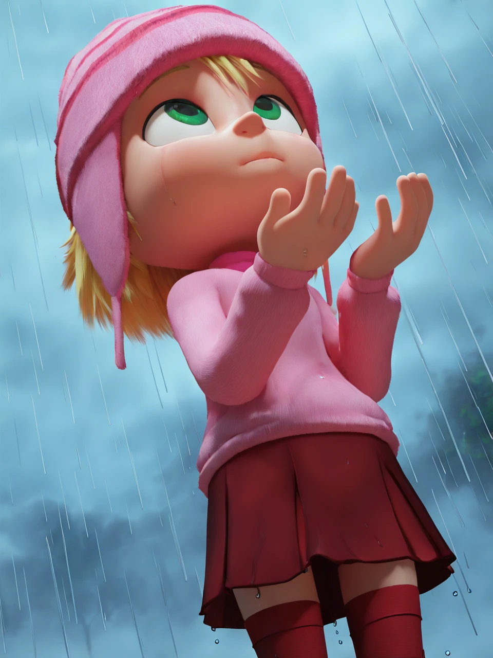 (masterpiece,best quality,newest,absurdres,highres), 3d1thG2u, solo, 1girl, green eyes, blonde hair, pink beanie, red_legwear, pink sweater, red skirt, looking up, hands up, raining, mist, fog, from below, wet <lora:Edith_Gru_IllustriousXL_PM:0.7>