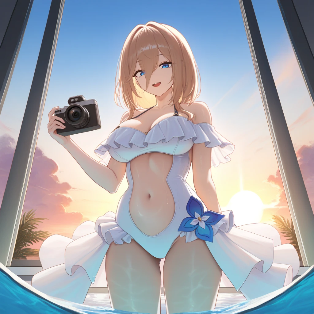 masterpiece, best quality, ultra-detailed, very aesthetic, detailed background, year 2023, very aesthetic, newest, scenery, highres, 4k, absurdres, 8k, colorful,vibrant, glowing, perfect face, 2d, perfect eyes, detailed eyes, 1girl, solo, swimming pool, indoors, tall windows, sun, sky, clouds, feet in water, standing, holding camera, photo camera, looking at viewer, sweet smile, open mouth, AponHi3, Fol002, Apn_Mch, open skirt, swimsuit skirt, white swimsuit, frilled swimsuit, clothing cutout, blue flower, white capelet, off-shoulder capelet, see-through capelet, frilled capelet, light brown hair, center opening, center cutout, stomach cutout, blue eyes,
masterpiece, best quality, ultra-detailed, very aesthetic, newest, scenery, absurdres, perfect anatomy, perfect legs, perfect face, perfect eyes, clear eyes, beautiful eyes,