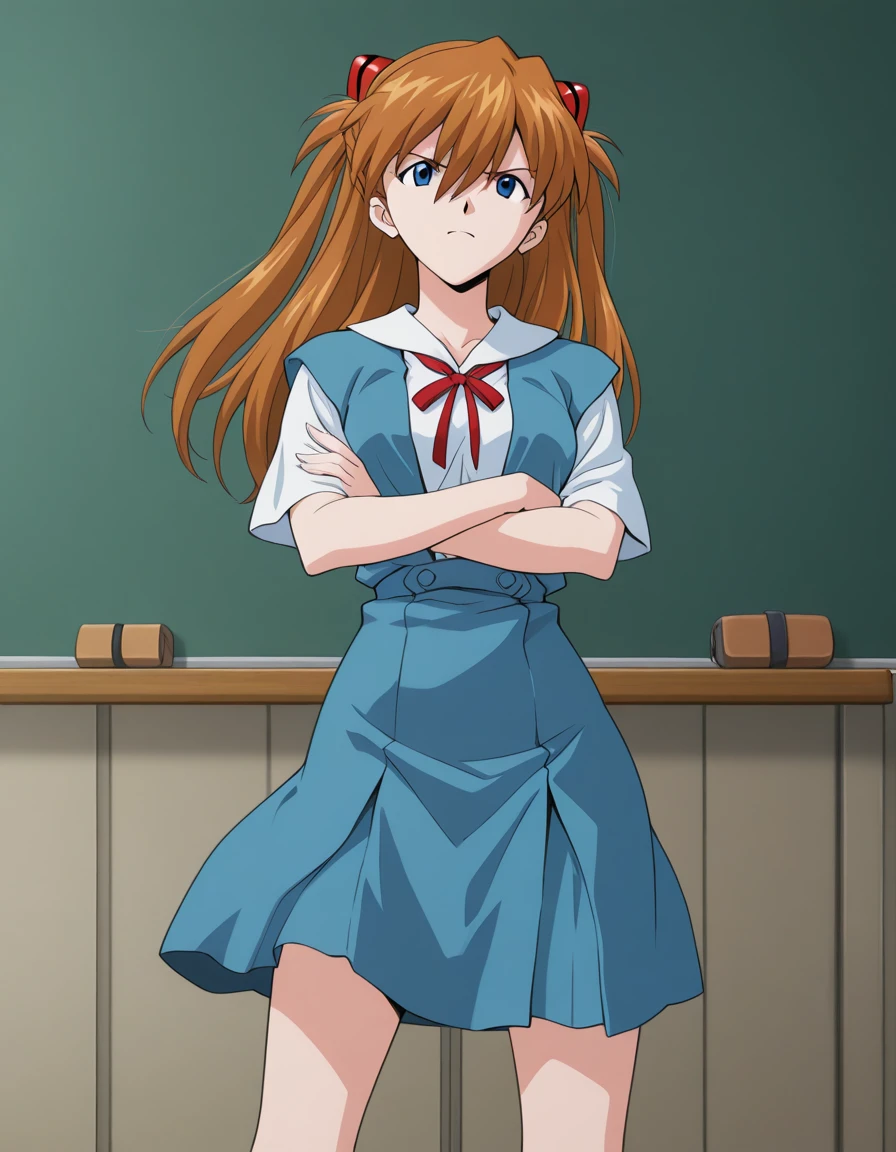 official style,Souryuu Asuka Langley,gunbuster pose,crossed arms,open stance,spread legs,(standing:1.32),cowboy shot, tokyo-3 middle school uniform,classroom,chalkboard,(anime screencap), 2d cel anime,anime cap,anime,anime style,anime cel,cell shaded,soft brightness,perfect face,perfect nose, perfect hair, perfect eyes,perfect female body,perfect skin,a face of perfect proportion,perfect lighting,perfect anatomy,perfect proportion,perfect hands,perfect legs,perfect fingers,masterpiece,hair between eyes,breasts,perky breasts,best quality,very aesthetic,absurdres,16k,intricate detail,amazing quality,(bold:3.12),thick outline,black outline,harsh lines,soft lines,deluster,boldline,curvy,(anime coloring:1.2),anger,slim,looking at viewer,super fine illustration,detailed linework,vibrant colors,kawaii,flat color,(hat:-1), <lora:æ°ä¸ç´ã¨ã´ã¡ã³ã²ãªãªã³æ£æµã¢ã¹ã«ã©ã³ã°ã¬ã¼è²æ¬ç¾©è¡é¢¨Neon_Genesis_EvangelionSouryuu_Asuka_LangleySadamoto_Yoshiyuki_Style-000021:1:0.8>