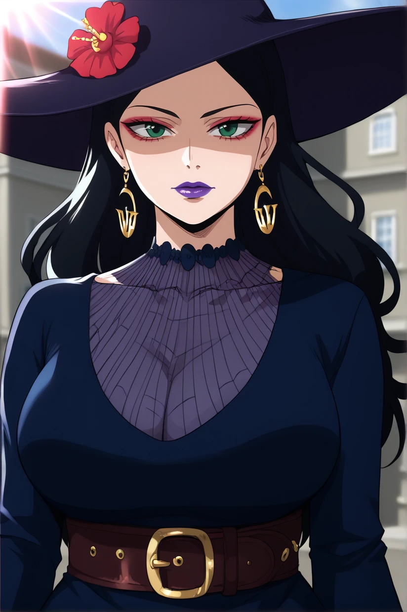 <lora:BNHDeborahGolliniNSLT:1> BNHDeborahGollini, black hair, green eyes, long hair, , makeup, lipstick, purple lips, red eyeshadow, long fingernails, nail polish, red nails, sun hat, hat flower, crescent earrings, belt, long dress BREAK standing, wide , curvy BREAK serious, close mouth, BREAK outdoors BREAK <lora:ACSTYLE:1> acstyle, 8k, masterpiece, absurdes, highly detailed, highres, high quality, best quality, score_9, score_8_up, score_7_up, score_6_up, detailed eyes, detailed hair, detailed skin, looking at viewer, portrait, upper body, close-up, bust, solo, solo focus, depth of field, backlighting, eye reflection, sidelighting, facing viewer, highly detailed hair, highly detailed eyes, highly detailed skin, realistic, eye reflection, rim light, realistic skin, vibrant, high-energy, high contrast, eye reflection, backlighting,