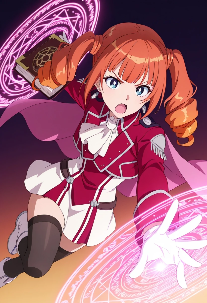 masterpiece, best quality, newest, absurdres, highres, detailed eyes, beautiful, detailed background, perfect eyes, anime coloring, anime screencap, 1girl, solo, wise (okaa-san online), orange hair, long hair, twintails, twin drills, blunt bangs, sidelocks, blue eyes, earrings, pink cape, red cropped jacket, long sleeves, ascot, white gloves, white dress, black thighhighs, white boots, looking at viewer, frown, open mouth, outstreched arm, (simple background, gradient background, magic, casting spell, magic circle, holding grimoire, turning pages),