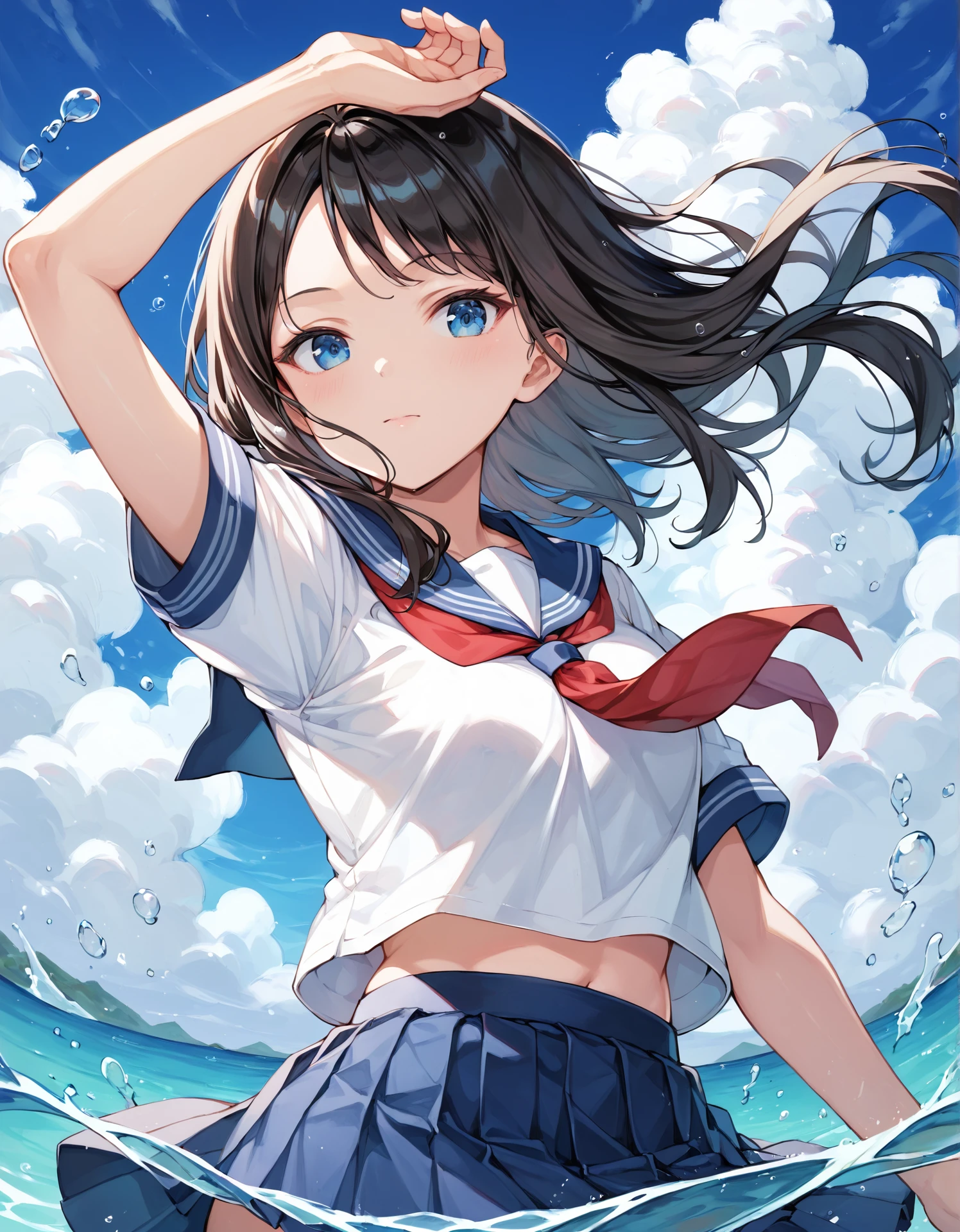 score_9, score_8_up, score_7_up, score_6_up, <lora:hinaPonyRealistic_v5-mbp-rev1:0.7>, hina, 1girl,solo,absurdres, 1girl, solo, blue eyes, skirt, school uniform, blue skirt, sky, sailor collar, neckerchief, cloud, short sleeves, serafuku, blue sailor collar, shirt, blue sky, white shirt, pleated skirt, looking at viewer, short hair, closed mouth, bangs, black hair, water, outdoors, arm up, red neckerchief, bubble, day upper body, traditional media,