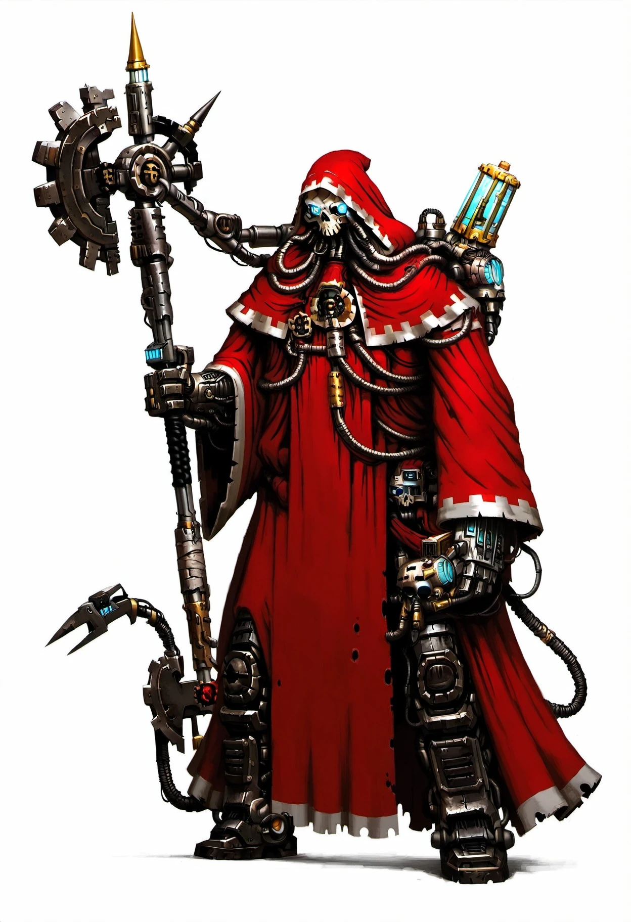 masterpiece, best quality, <lora:adeptus_mechanicus_character_ill_v1:1> characteradeptusmechanicus, solo, blue eyes, simple background, white background, holding, full body, weapon, hood, holding weapon, cape, armor, no humans, glowing, robot, cloak, glowing eyes, skull, cable, axe, hammer, tube