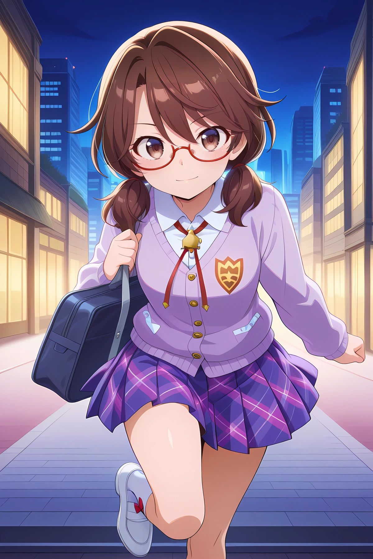 absurdres, highres, masterpiece, best quality, amazing quality, official anime artwork, screencap, anime screencap, outdoors, light smile, looking at viewer, dynamic pose, city, night, light particle, 
 <lora:Usami-Sumireko_Illustrious:1> usami sumireko, 1girl, solo, brown eyes, brown hair, short hair, low twintails, red-framed eyewear, semi-rimless eyewear,, usami sumireko \(psychic higashifukami high school student\), bow legwear, white kneehighs, buttons, cardigan, collared shirt, long sleeves, plaid skirt, pleated skirt, purple skirt, light purple sweater, school uniform, white shirt, white footwear, white shirt, school bag,  white socks