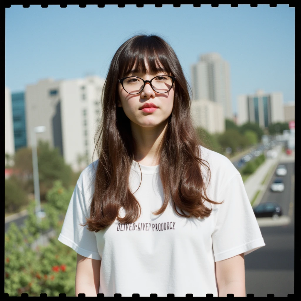 analog film photo of <lora:cinematic filmstrip Analog v1.5:1>
Cinematic Analog Photography style, cinematic filmstrip style of a woman with long hair and glasses standing in front of a building, perfect image, perfect body, perfect anatomy, sharp image, detailed image, Kodak film style, high quality cinematic photography, cinematic film style, cinematic filmstrip style, solo, long hair, bangs, brown hair, shirt, brown eyes, white shirt, upper body, short sleeves, outdoors, day, blurry, lips, traditional media, t-shirt, building, black border, print shirt, cover, looking at viewer, sky, blue sky, nose, earphones, closed mouth, blurry background, k-pop, photorealistic, blunt bangs, black eyes, border, shadow light on face, faded film, desaturated, 35mm photo, grainy, vignette, vintage, Kodachrome, Lomography, stained, highly detailed, found footage