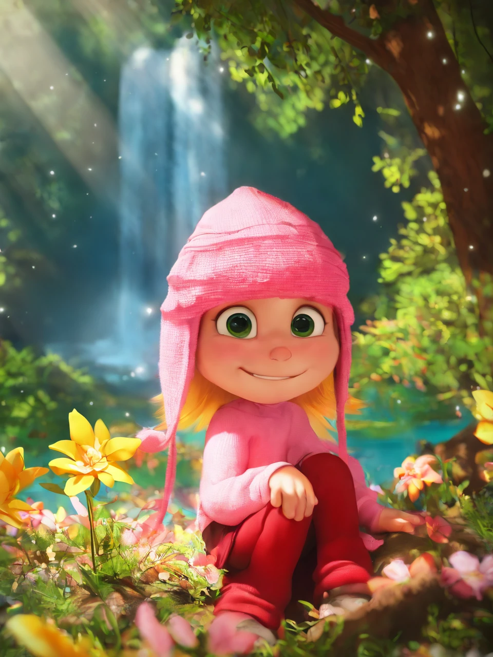 (masterpiece,best quality,newest,absurdres,highres), 3d1thG2u, solo, 1girl, green eyes, blonde hair, pink beanie, red_legwear, pink sweater, red skirt, child, in the forest, sitting,hands on knee, smile, flower, outdoors, day, water, tree, looking at viewer, waterfall, sunlight, nature, light particles, forest, light rays, light, sunbeam, <lora:Edith_Gru_IllustriousXL_PM:0.8>