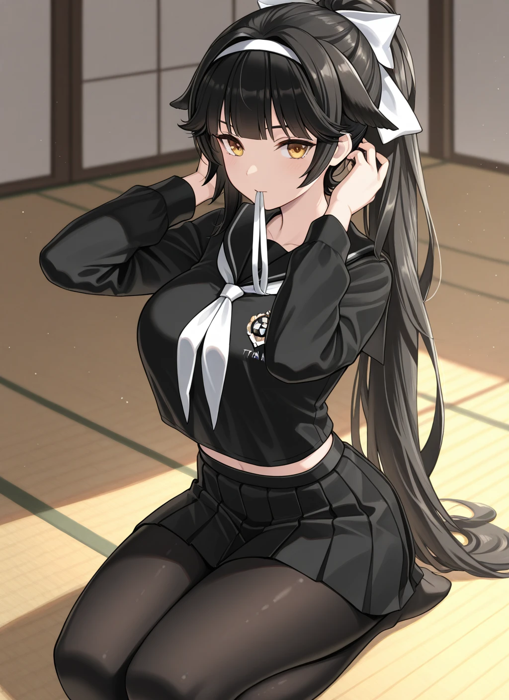 <lora:takao_IL_v1.0:1>,takao \(school romanza\) \(azur lane\),school uniform,seiza,adjusting hair,ribbon in mouth,looking at viewer,, masterpiece,best quality,