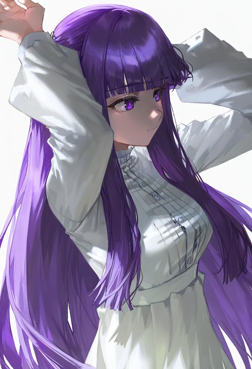 BREAK looking at viewer, BREAK (masterpiece:1.2), best quality, high resolution, unity 8k wallpaper, (illustration:0.8), (beautiful detailed eyes:1.6), extremely detailed face, perfect lighting, extremely detailed CG, (perfect hands, perfect anatomy)fern, long hair, bangs, (purple eyes:1.1), purple hair, sidelocks, blunt bangs, (bright pupils:1.5), half updo,
long sleeves, dress, white dress, long dress,