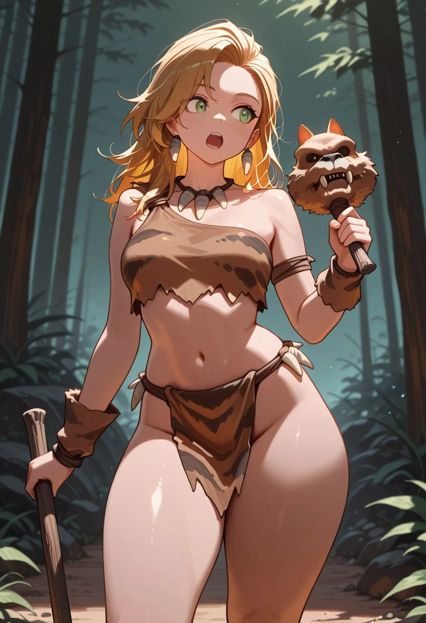 Leather bikini, horn crown, bare belly, big breasts, brown hair, red eyes, hunter, cat eyes