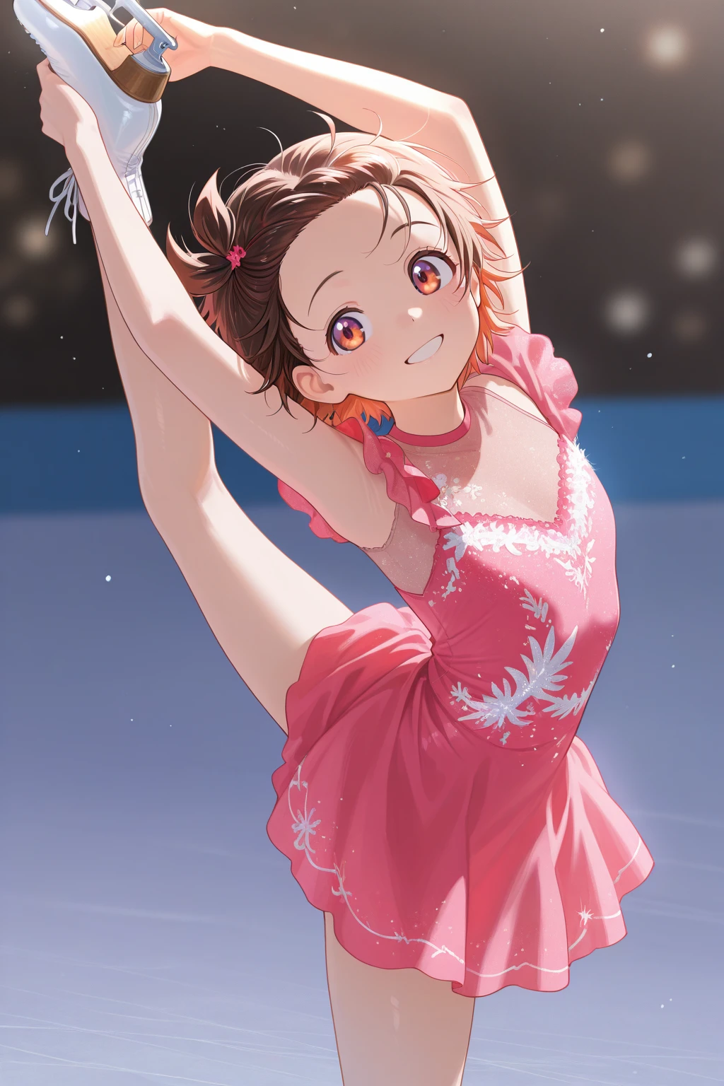 masterpiece, best quality, absurdres, safe
1girl, yuitsuka inori, ice skates, arms up, dress, leg up, holding own leg, smile
<lora:ice_skates_il_1_d16:1>