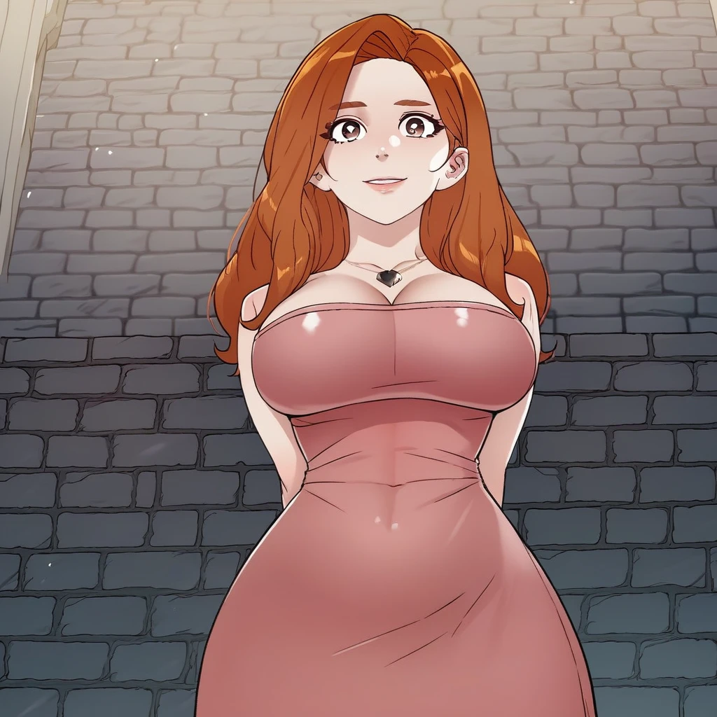 score_9, score_8_up, score_7_up, score_6_up, source_anime, BREAK, 1girl, solo, (( <lora:jang_mi-na:1> , jang_mi-na, beautiful light brown eyes, clear eyes, bright pupils, beautiful eyes, beautiful orange-brown hair, beautiful long hair, huge and shaggy breasts, thin waist, wide hips, beautiful skin, natural beauty, extraordinary beautiful woman, attractive woman, super sexy woman, lustful body, sexy woman with seductive obscene body, sensual body, voluptuous body, sexy beauty, )) , ((sexy sleeveless pink dress, obscene cleavage, huge cleavage, gold necklace with black pendant, )) , sexy pose, seducative smile, outdoor, sky, wall, bricks, looking at viewer, horny, seductive, hands behind back, standing, from below, cowboy shot, front view, closing up, leans forward, huge cleavage,