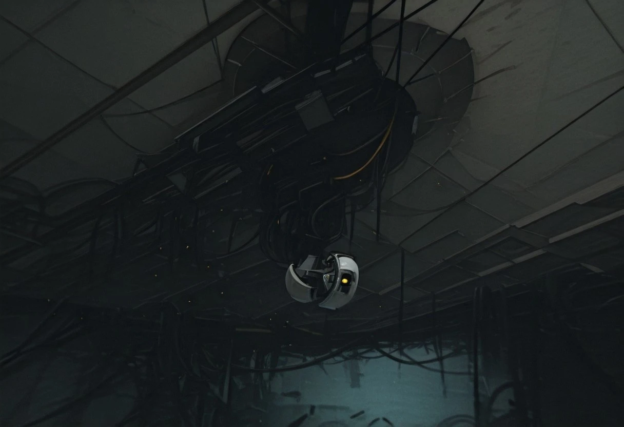 Original_design, Destroyed, Glados, a bunch of wires are hanging from a ceiling, general, solo, no humans, scenery, science fiction, cable, destroyed machinery, glados suspended from ceiling