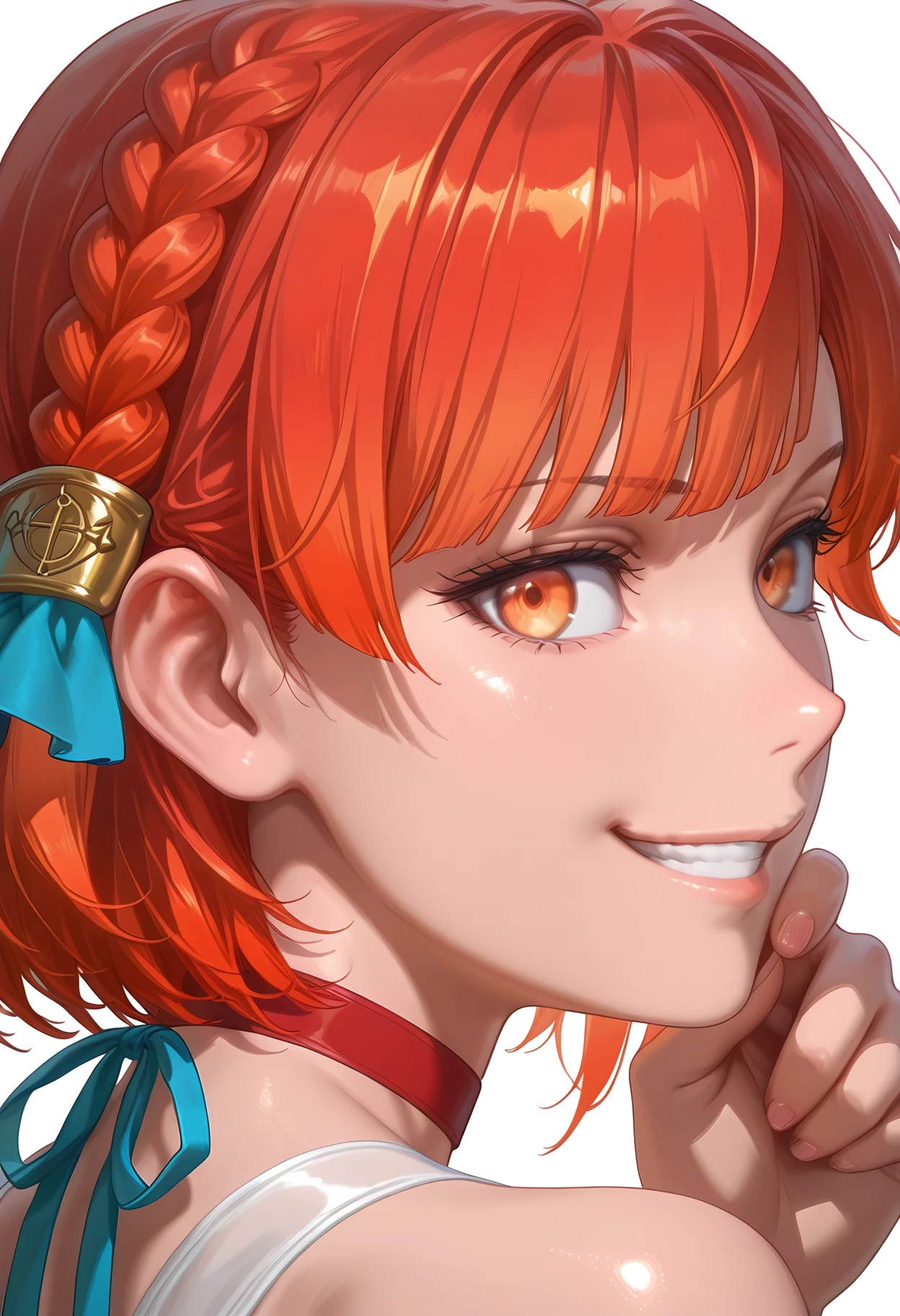 Smooth Quality,masterpiece, absurdres, best quality,ultra realistic, masterpiece, high detailed skin,
from behind,rape face,forced smile,hand focus,
simple background, white background, 
 <lora:CMaria:0.8>[il]maria,1girl, orange hair, short hair, orange eyes, bangs, braid,red hair, multicolored hair, gradient hair, medium hair,ribbon, hair ornament, blue ribbon, choker, 
casual one-piece swimsuit,