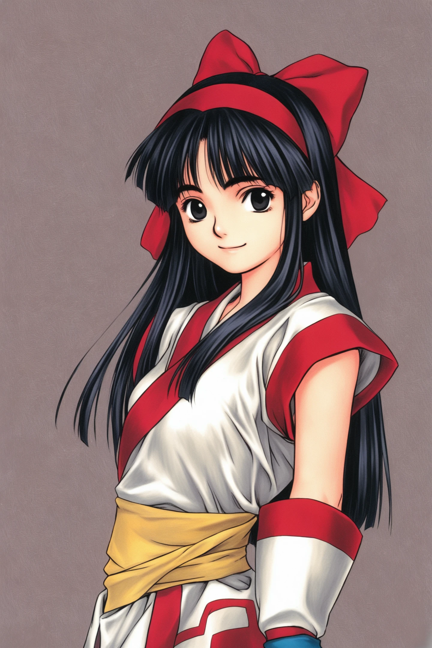 NakoRuru,1girl,solo,long hair,red bow,bow,black hair,hair bow,fingerless gloves,hairband,gloves,black eyes,ainu clothes,smile,simple background,looking at viewer,
<lora:Tsukasa Jun_illustriousXL:0.8>,
