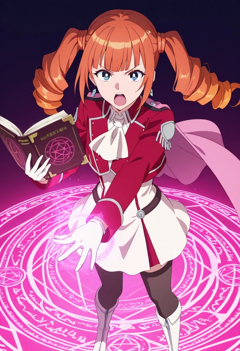 masterpiece, best quality, newest, absurdres, highres, detailed eyes, beautiful, detailed background, perfect eyes, anime coloring, anime screencap, 1girl, solo, wise (okaa-san online), orange hair, long hair, twintails, twin drills, blunt bangs, sidelocks, blue eyes, earrings, pink cape, red cropped jacket, long sleeves, ascot, white gloves, white dress, black thighhighs, white boots, looking at viewer, frown, open mouth, outstreched arm, (simple background, gradient background, magic, casting spell, magic circle, holding book, turning pages),