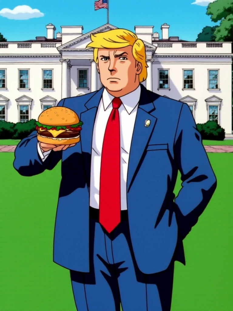 <lora:90s_Anime:0.9> 90s anime. Donalds trump wears a blue suit and a red tie and is holding a burger in front of the white house