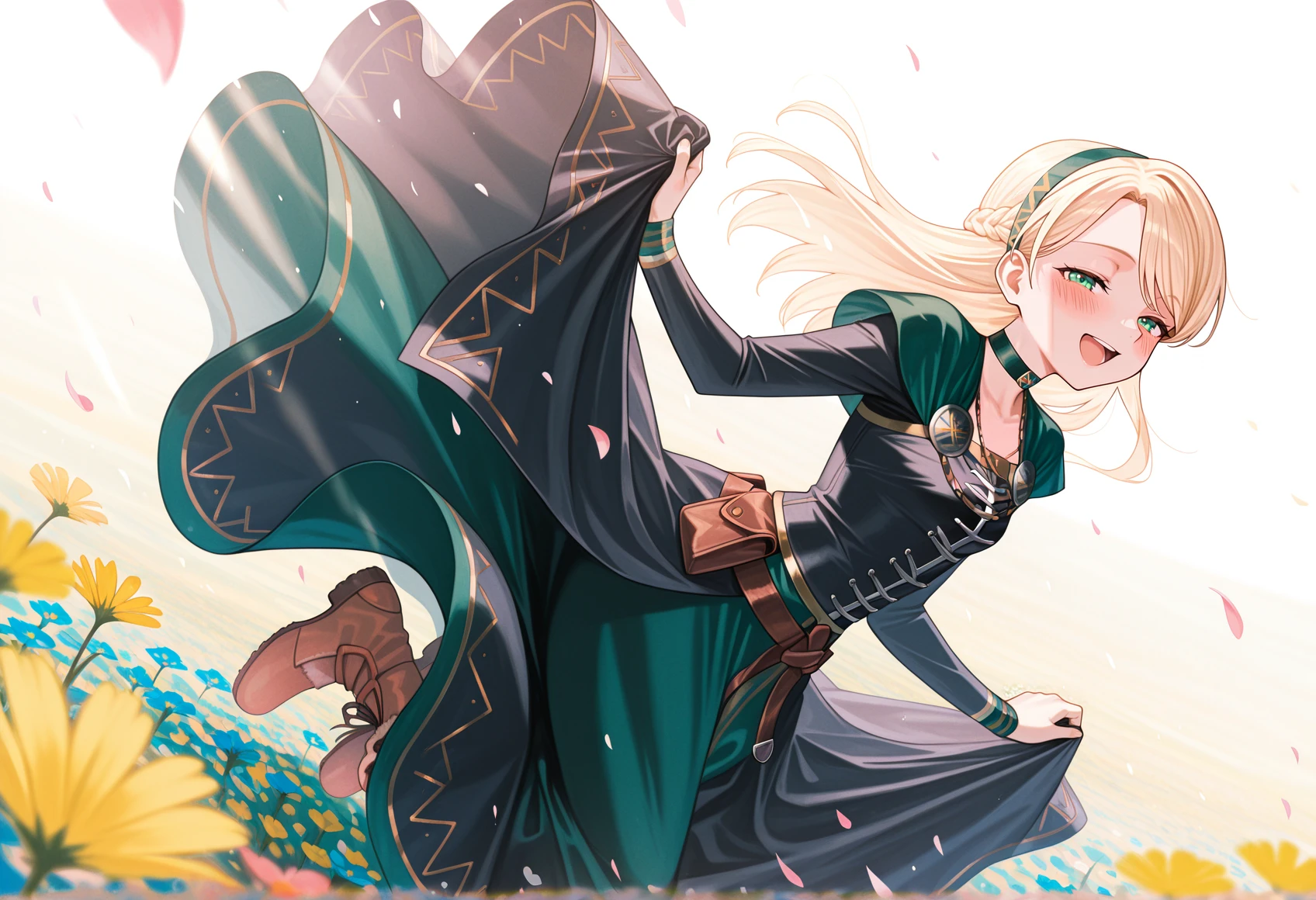 close-up, turning around, 1girl, solo, blonde hair, green eyes, hairband, french braid, choker, german clothes, jewelry, capelet, dress, long sleeves, long skirt, belt, pouch, skirt hold, jumping, smile, half-closed eyes, turning around, looking at viewer, dappled sunlight, flower field, petals, wind, dutch angle, happy, blush, open mouth, lens flare, boots, kees up <lora:Gerda_FGO_illus:1>, masterpiece, best quality, amazing quality, very aesthetic, absurdres, highres, newest