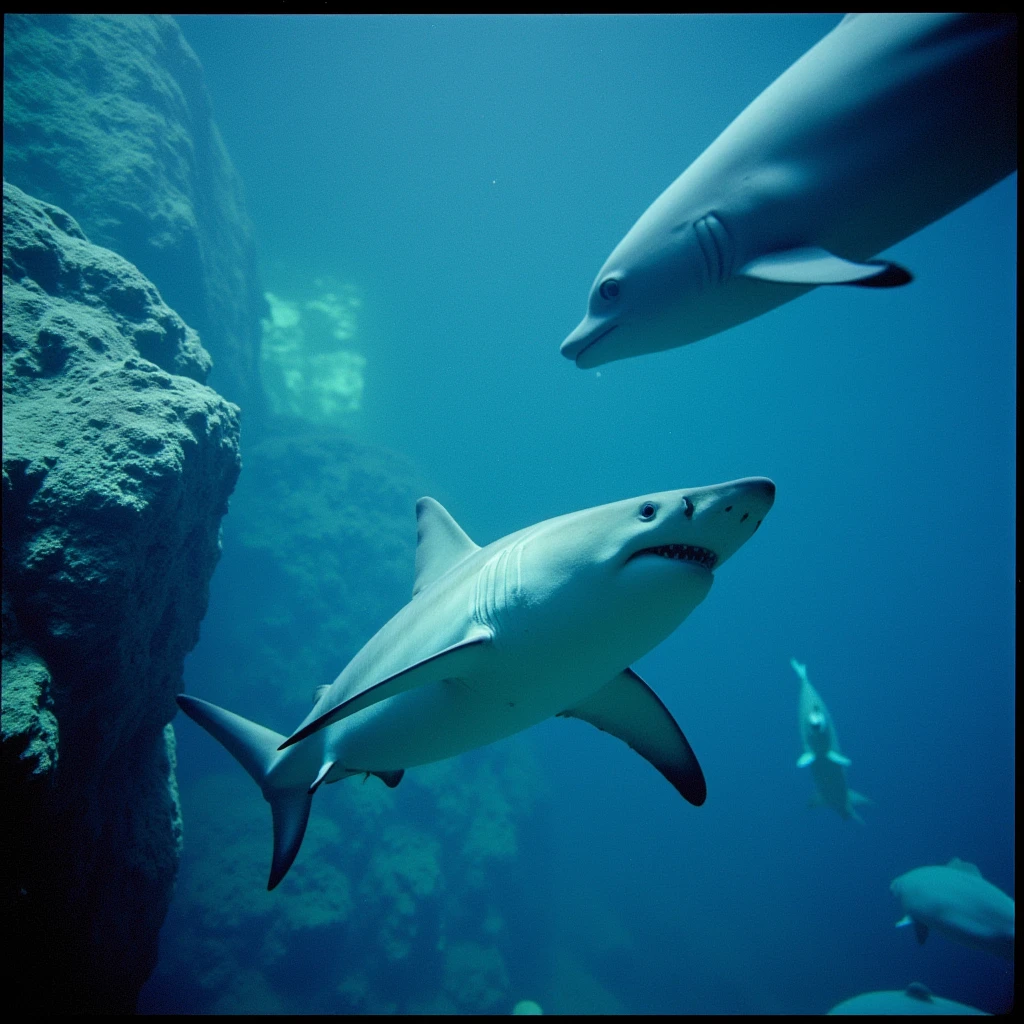 analog film photo of <lora:cinematic filmstrip Analog v1.5:1>
Cinematic Analog Photography style, cinematic filmstrip style of a shark swimming in a tank with a rock in the background, perfect image, perfect body, perfect anatomy, sharp image, detailed image, Kodak film style, high quality cinematic photography, cinematic film style, cinematic filmstrip style, water, no humans, scenery, fish, outdoors, ocean, animal, underwater, surreal, whale, blue theme, watercraft, shark, dolphin, horizontal filmstrip frame, faded film, desaturated, 35mm photo, grainy, vignette, vintage, Kodachrome, Lomography, stained, highly detailed, found footage