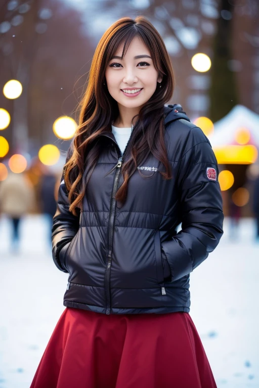 1girl,,(RAW photo, best quality), (realistic, photo-realistic:1.4), masterpiece, an extremely delicate and beautiful, extremely detailed, 2k wallpaper, Amazing, finely detail, extremely detailed CG unity 8k wallpaper, ultra-detailed, highres, soft light, beautiful detailed girl, extremely detailed eyes and face, beautiful detailed nose, beautiful detailed eyes,cinematic lighting,perfect anatomy,slender body
(at a park), (winter scenery),(snow park in the background), Sapporo Odori Park Winter Festival, festival lights (bokeh)
(wearing winter jacket) (long skirt)
<lora:chest size:-1>
<lora:kumadayokoV2_lora:0.8>,smiling
