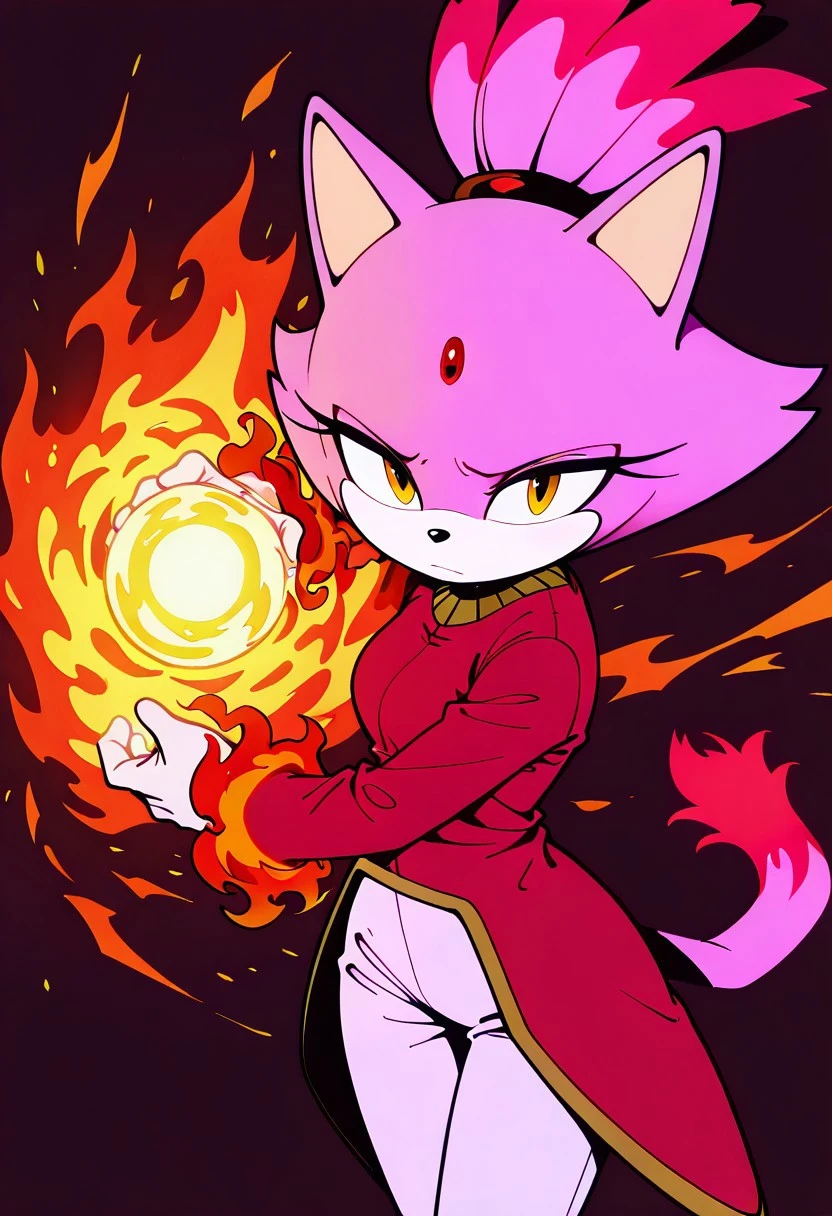 masterpiece, detailed, absurd res, intricate details,blaze the cat,burning blaze,sad open,looking at the viewer,cowboy shot,,<lora:TMoStH-Illustrious:0.9> tmosth, flat color, black shading, sloppy coloring, hatching \(texture\), kamehameha, energy ball, aura