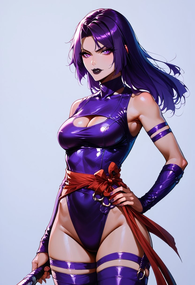 Beautiful Venus with wavy purple hair smiling super heroine leotard red scarf long gloves maroon lips tiara