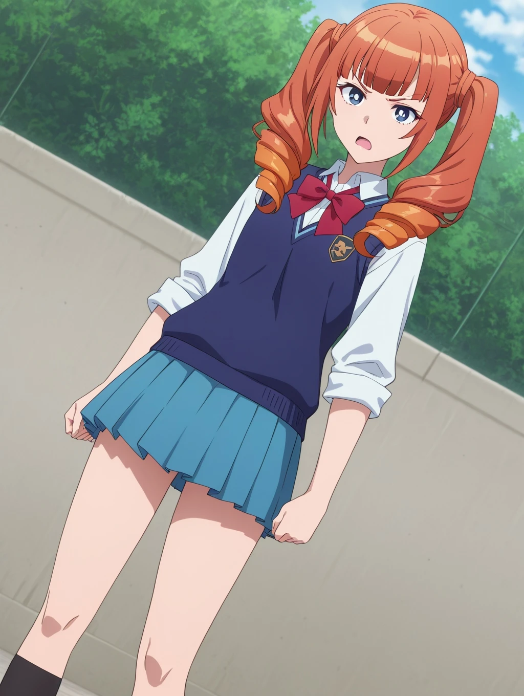 masterpiece, best quality, newest, absurdres, highres, detailed eyes, beautiful, detailed background, perfect eyes, anime coloring, anime screencap, 1girl, solo, wise (okaa-san online), orange hair, long hair, twintails, twin drills, blunt bangs, sidelocks, blue eyes, school uniform, white collared shirt, sleeves rolled up, blue sweater vest, red bowtie, blue pleated skirt, black socks, looking at viewer, annoyed, frown, open mouth, dutch angle, cowboy shot, (outdoors)