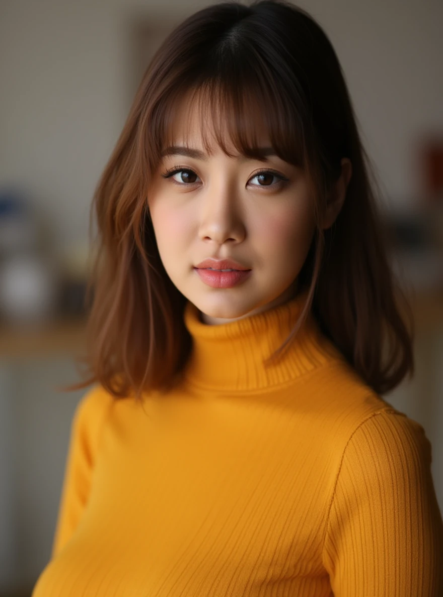 portrait of sh10nuts0 woman, on a office, serene and warm, natural lighting, soft focus, high-resolution, elegant and introspective atmosphere, quiet sophistication, wearing a turtleneck yellow yarn blouse
