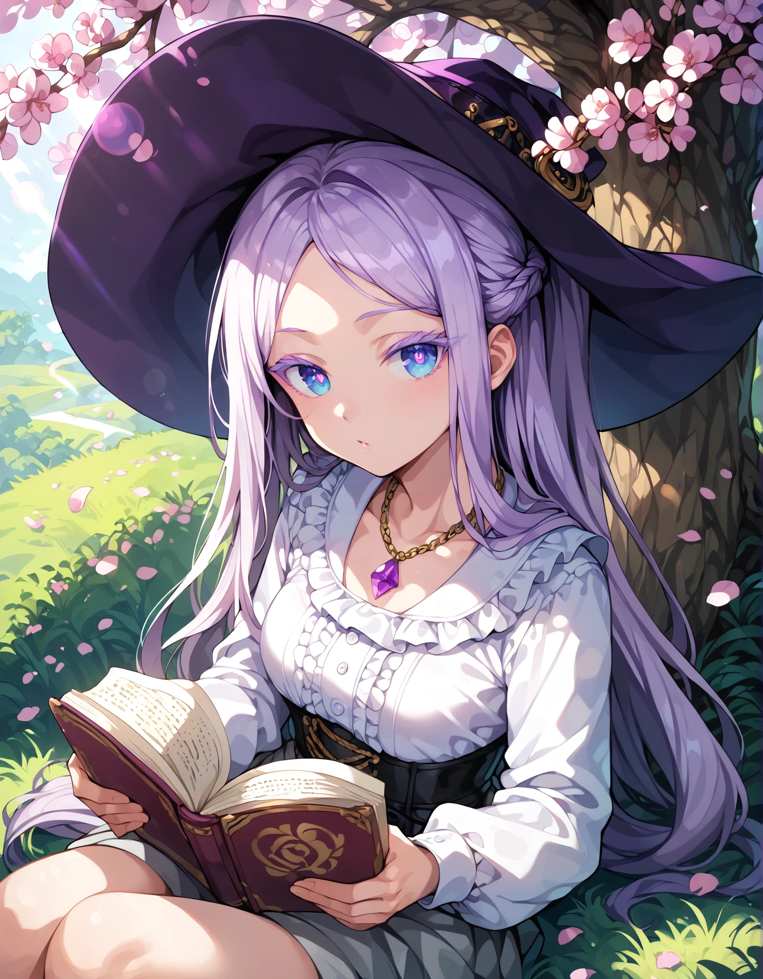 score_9, score_8_up, score_7_up, score_6_up, <lora:hinaPonyRealistic_v5-mbp-rev1:0.7>, hina, emilie beta, purple headwear, purple hair, blue eyes, bright pupils, ((colored eyelashes, purple eyelashes)), long sleeves, long hair, frills, ponytail, black headwear, white shirt, purple gemstone, necklace, miniskirt, grey skirt, reading under tree, calm expression, open book in lap, cherry blossom petals falling, spring setting, dappled sunlight, soft breeze, shaded grass, serene atmosphere, mid shot , looking at viewer, detailed eyes, gradient eyes, perfect eyes, eye reflections, lens flare,