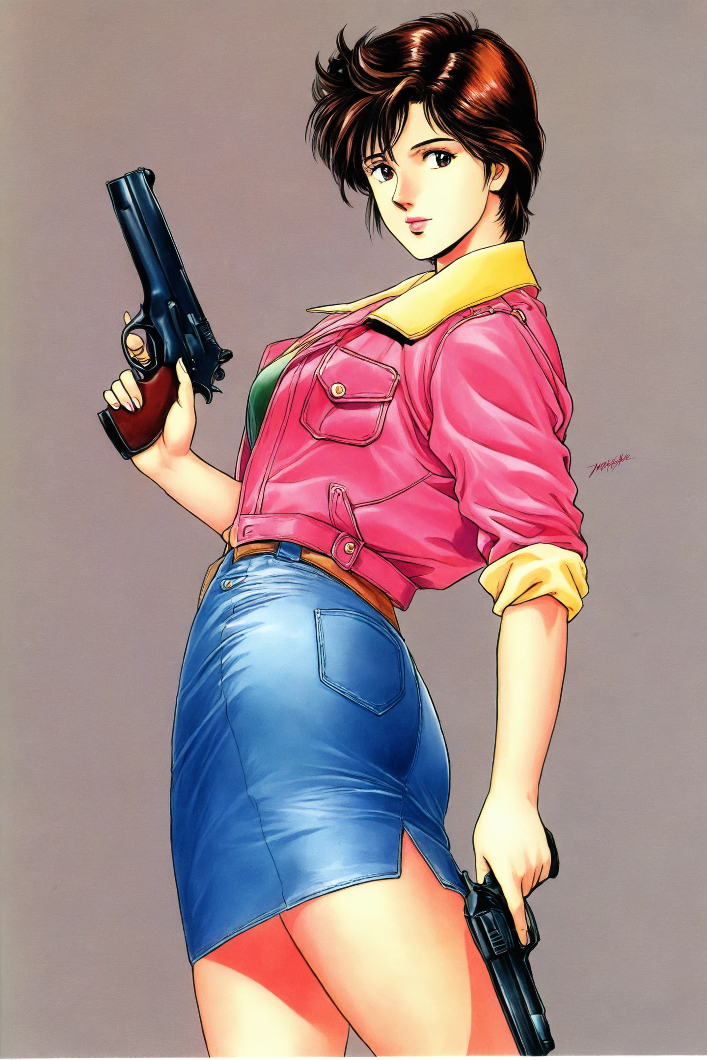 Makimura Kaori,1girl,solo,skirt,brown hair,short hair,handgun,holding gun,retro artstyle,denim,pencil skirt,miniskirt,denim skirt,jacket,sleeves rolled up,shirt,brown eyes,traditional media,
<lora:Tsukasa Hojo_illustriousXL:0.8>,