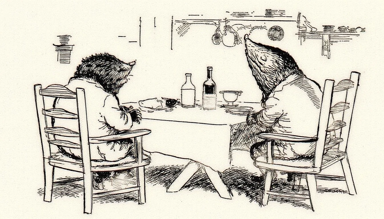 Squirrel, drunk, vintage, pencil draw, 4 squirrels, gathering, table with a bottle of rum in the middle, Squirrel 1 holding a peanut, squirrel 2 holding shredded coconut, squirrel 3 holding raisins, and squirrel 4 holding a sack of flour, sitting with glasses of rum and ice