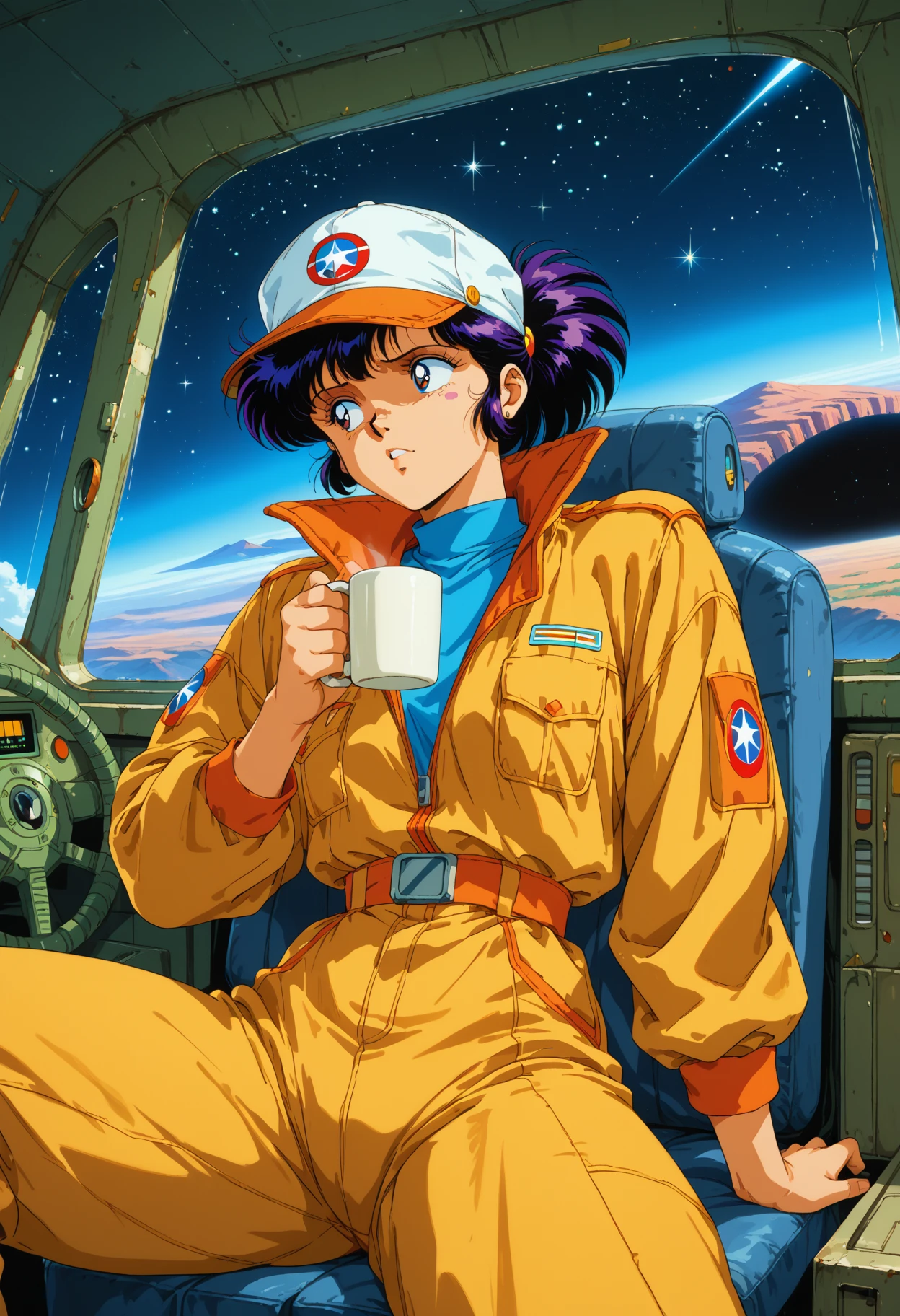 score_9,score_8_up,score_7_up, source_anime, modernretroanime, retro artstyle, 1girl, solo, space trucker, futuristic 18-wheeler floating in deep space, trucker cap, jumpsuit, resting with coffee mug, dashboard full of old stickers, spaceport background, retro-futuristic aesthetic, highway in the stars, cosmic road trip
