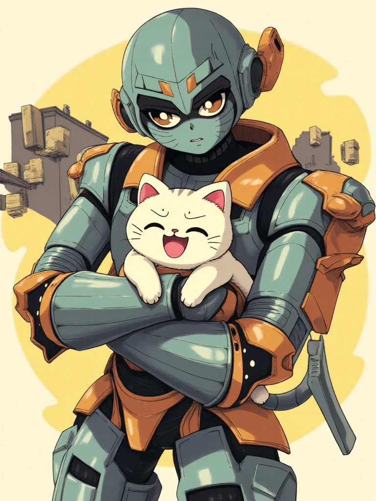 full body. A robot holds a cute joyful cat. <lora:90s_Anime:0.9> 90s anime.