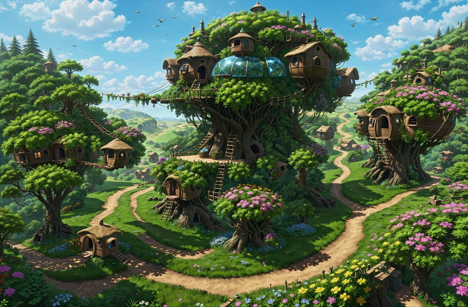 (masterpiece, best quality:1.5), absurdres, intricate details, 8k, fantasy, L0DBG, no humans, panoramic view, nature, overgrown, , sky, scenery, floating particles, (tree house), day, perfect shadow, volumetric lighting, tree, flower, valley, digital illustration, perfect composition, highly detailed, extremely detailed landscape, (hyper detailed), 8k resolution, hyper-detailed