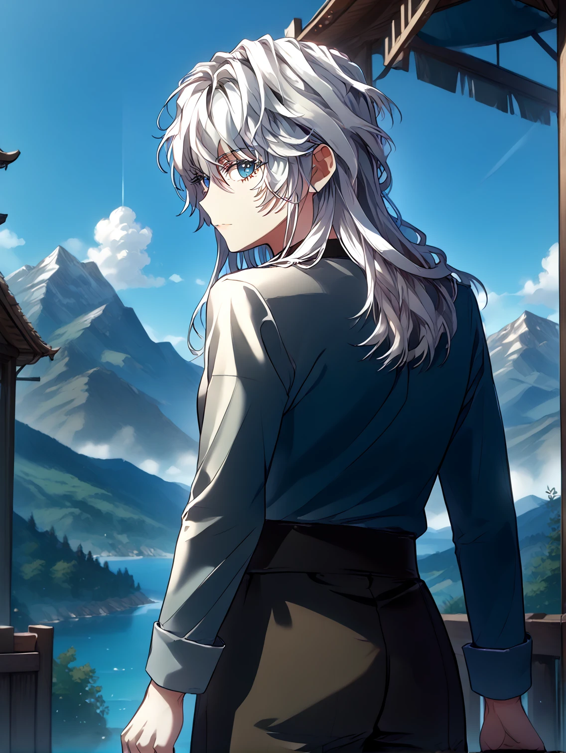 <lora:Icarus:1>
white hair, long hair, loose hair, blue eyes, black pants <lora:!action-sdxl-V0.5:1>
score_9, score_8_up, score_7_up, source anime, BREAK, cowboy shot, (from side), looking back, looking at viewer, overlooking mountain, high altitude, scenery, exterior, background, (solo), neutral expression, perfect hands, <lora:light:1> <lora:Eyes_High_Definition:1>