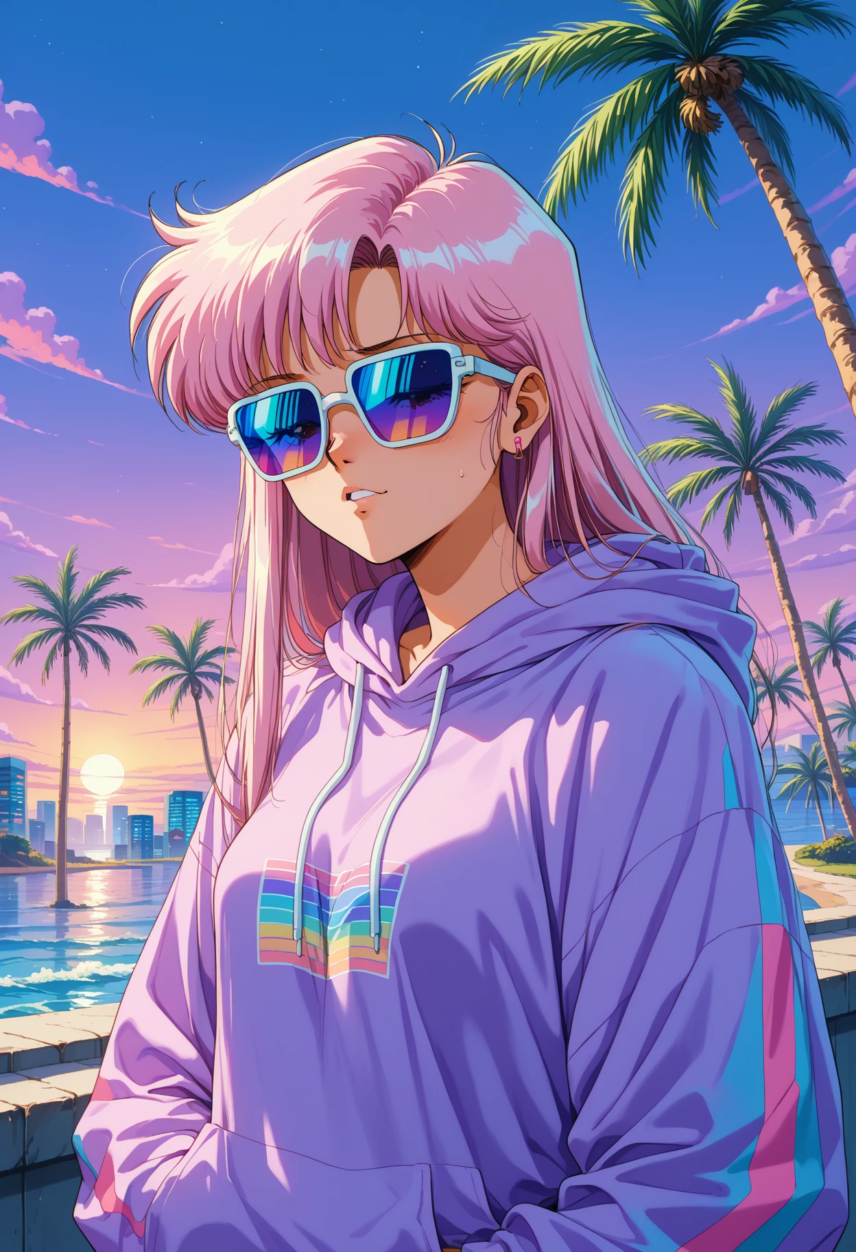 score_9,score_8_up,score_7_up, source_anime, modernretroanime, retro artstyle, 1girl, solo, vaporwave aesthetic, palm trees, 80s synthwave sun, grid lines, futuristic sunglasses, chill vibe, oversized hoodie, pastel colors, soft retro glow, Walkman with cassette, dreamy expression, lo-fi anime aesthetic