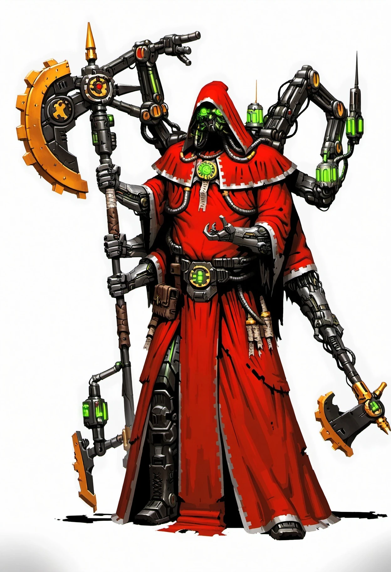 masterpiece, best quality, <lora:adeptus_mechanicus_character_ill_v1:1> characteradeptusmechanicus, solo, looking at viewer, 1boy, holding, standing, full body, male focus, weapon, boots, hood, holding weapon, armor, glowing, robot, staff, cloak, glowing eyes, hood up, science fiction, robe, scythe, axe, extra arms, holding axe, tube, red robe