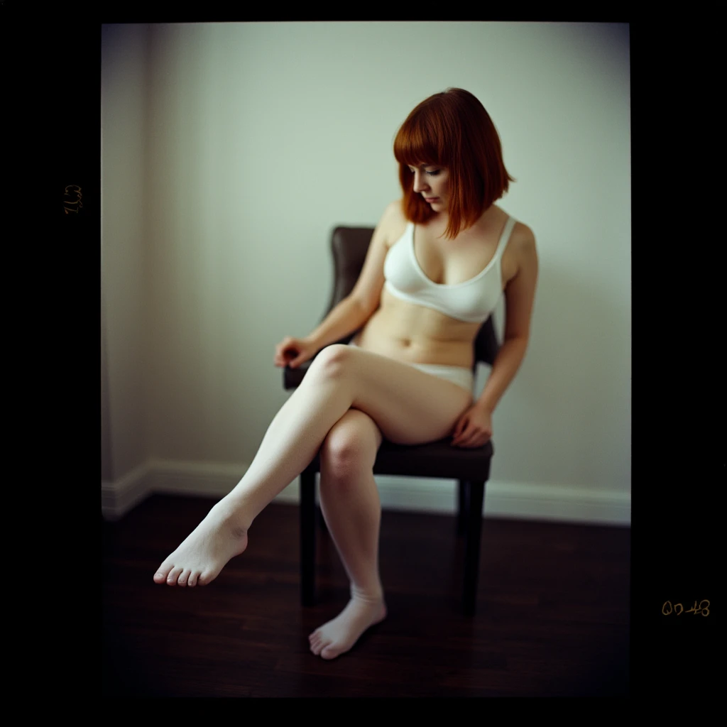 cinematic film still of  <lora:Kodak Vision3 200T style v1:0.8>
Kodak Vision3 200T a pale skin white red hair woman sitting on a chair with her legs crossed, cinematic film style, perfect cinematic image, perfect body, perfect anatomy, sharp cinematic image, detailed cinematic image, Kodak cinematic film color style, high quality film photography style, Kodak Vision3 200T style, solo, breasts, short hair, brown hair, thighhighs, sitting, underwear, panties, full body, bra, white thighhighs, chair, underwear only, white bra, dressing, closed eyes, white panties, border, plantar flexion, thighhighs pull, black border, knee up, socks, artist name, from side, profile, no shoes, on chair, traditional media, adjusting legwear, shallow depth of field, vignette, highly detailed, high budget, bokeh, cinemascope, moody, epic, gorgeous, film grain, grainy
