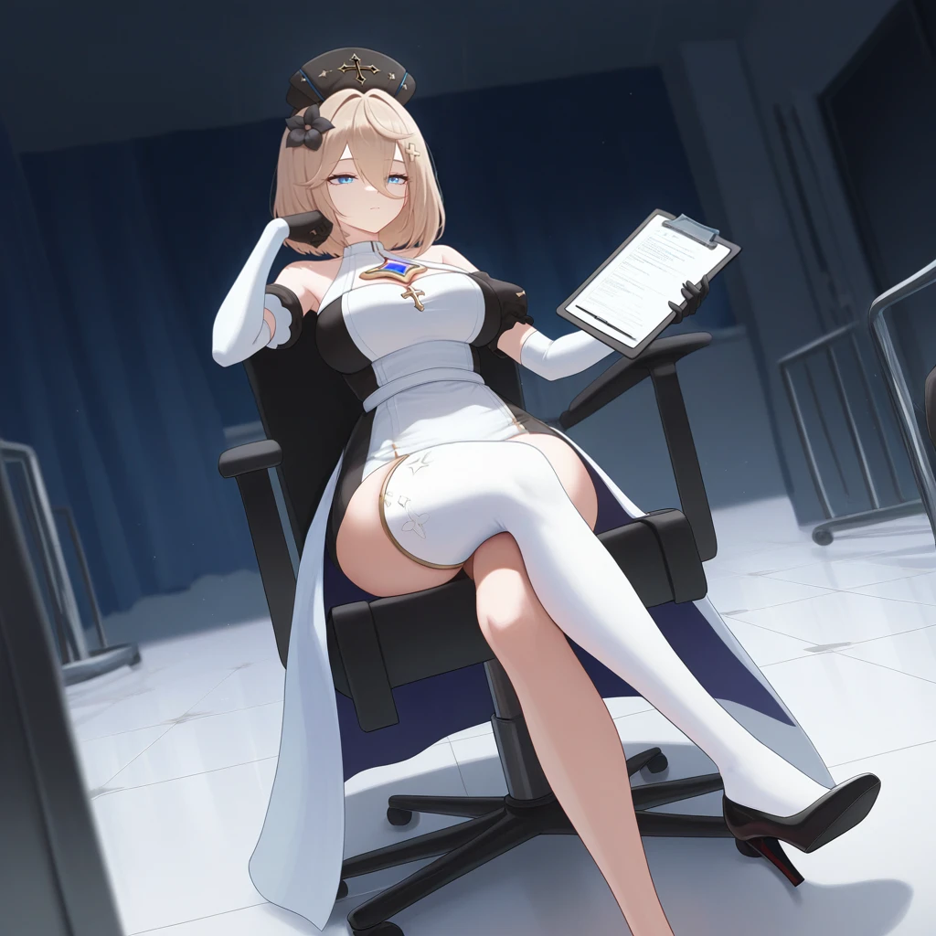 masterpiece, best quality, ultra-detailed, very aesthetic, detailed background, year 2023, very aesthetic, newest, scenery, highres, 4k, absurdres, 8k, colorful,vibrant, glowing, perfect face, 2d, perfect eyes, detailed eyes, 1girl, solo, Nurse office, hospital, medical equipment, sitting on office chair, crossed legs, head rest, holding clipboard, pensive, looking at clipboard, full body, black high heels, angled shot, AponHi3, Fol003, Apn_Nrs, white halterneck, cleavage cutout, chest gem, cross, thorn print, single thighhigh, white elbow gloves, two-tone gloves, black short sleeves, black headwear, puffy detached sleeves, two-tone dress, halter dress, black flower, hair flower, brooch, black hairclip, nurse cap, light brown hair, black gloves, elbow gloves, white dress, black dress, white thighhighs, bare shoulders,
masterpiece, best quality, ultra-detailed, very aesthetic, newest, scenery, absurdres, perfect anatomy, perfect legs, perfect face, perfect eyes, clear eyes, beautiful eyes,