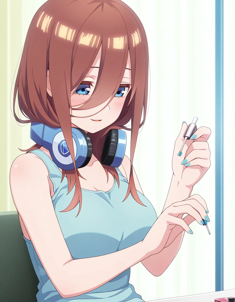 masterpiece, best quality, amazing quality,, <lora:miku-nakano-s2-ponyxl-lora-nochekaiser:1>, miku nakano, long hair, bangs, blue eyes, brown hair, hair between eyes, headphones, headphones around neck, large breasts, anime screencap, <lora:applying-manicure-illustriousxl-lora-nochekaiser:1>, applying manicure, looking down, blush, smile, bare shoulders, sitting, collarbone, nail polish, sdolphin shorts, tank top, fingernails, parted lips,, ,