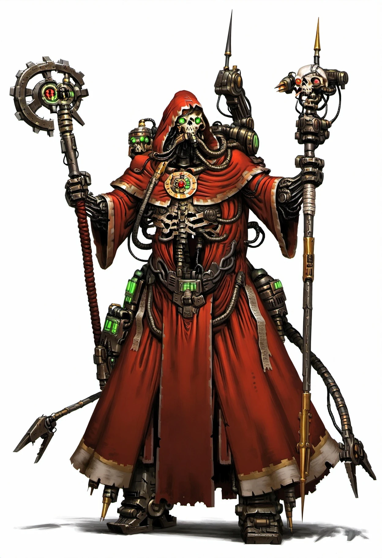 masterpiece, best quality, <lora:adeptus_mechanicus_character_ill_v1:1> characteradeptusmechanicus, solo, simple background, white background, holding, weapon, robot, polearm, staff, robe, skull, holding staff, cable, skeleton, red robe