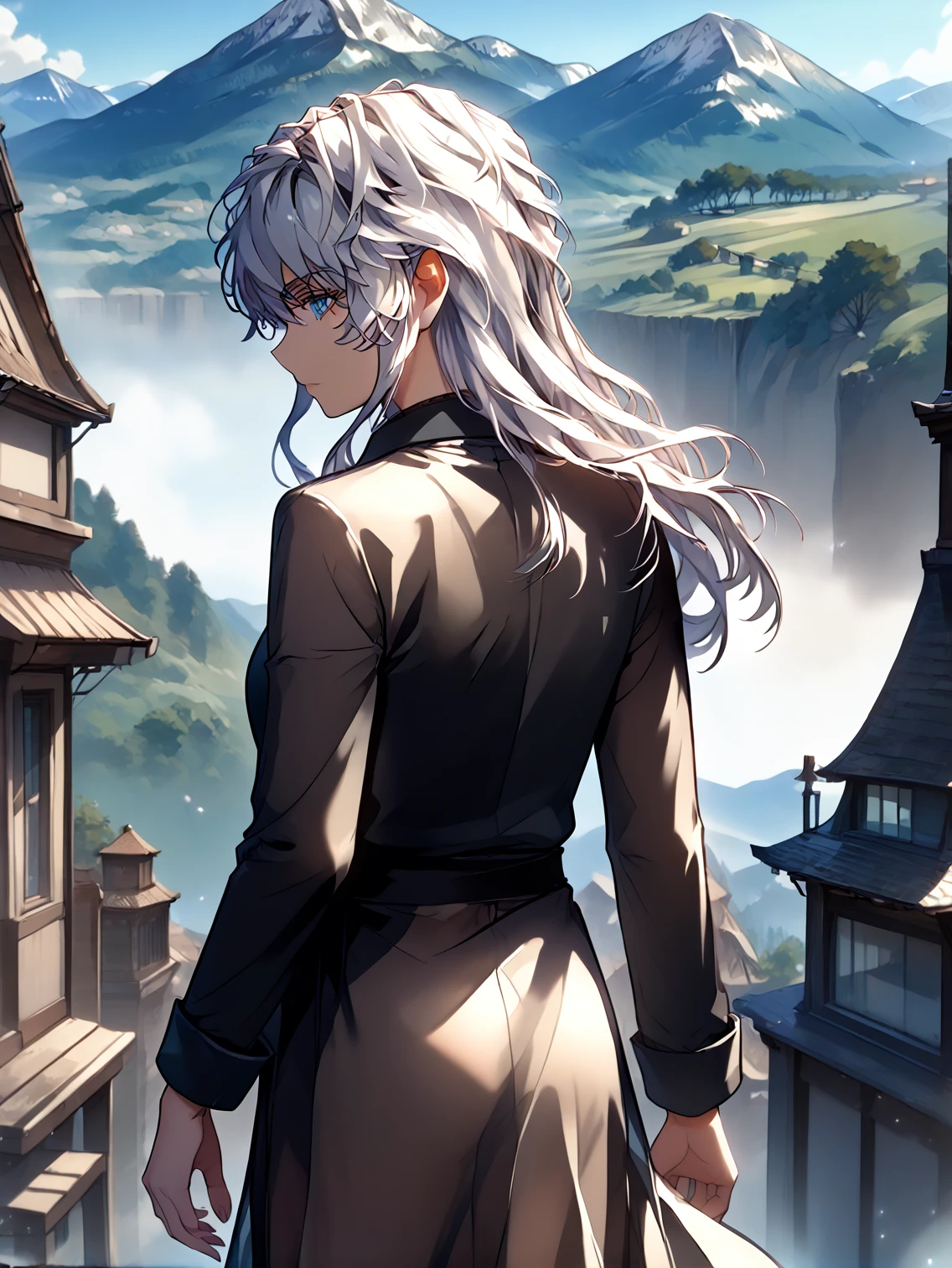 <lora:Icarus:1>
white hair, long hair, loose hair, blue eyes, <lora:!action-sdxl-V0.5:1>
score_9, score_8_up, score_7_up, source anime, BREAK, 1girl, black dress, black sleeves, see-through sarong, cowboy shot, (from side), looking back, looking at viewer, overlooking mountain, high altitude, scenery, exterior, background, (solo), neutral expression, perfect hands, <lora:light:1> <lora:Eyes_High_Definition:1>