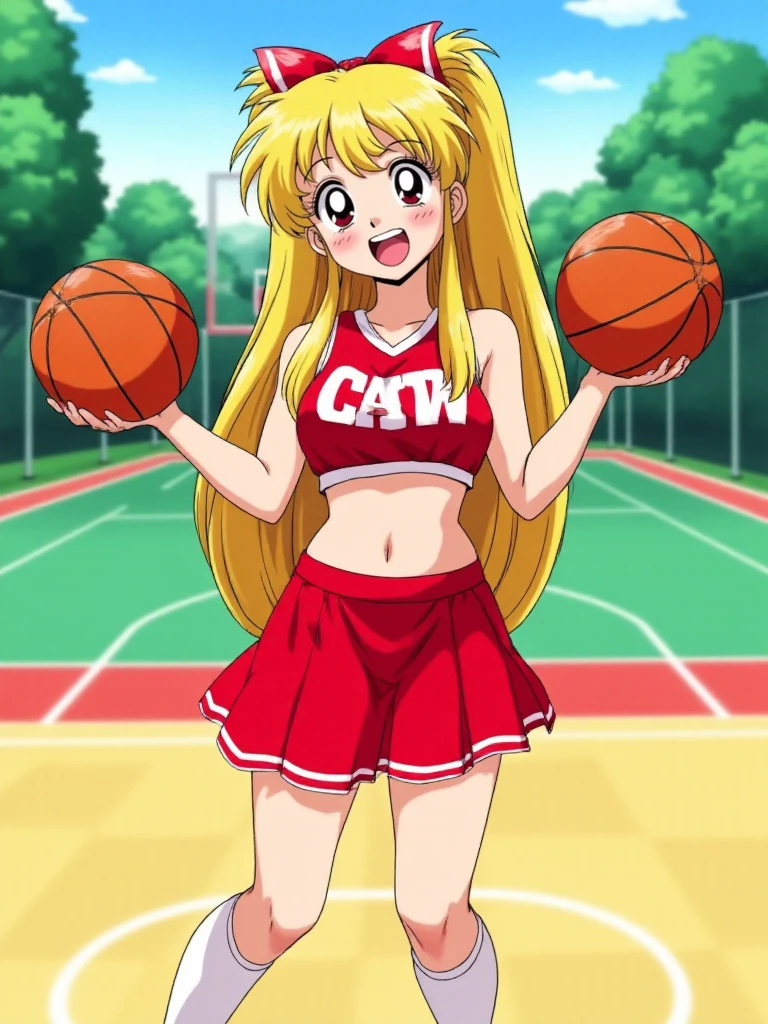 <lora:90s_Anime:0.9> 90s anime. full body. A joyful blond cheerleader with long hair wears a red uniform next to a basketball field.