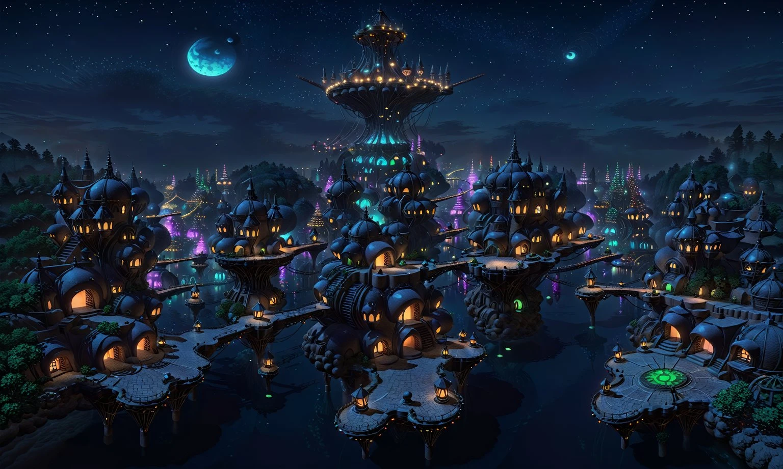 (masterpiece, best quality:1.5), absurdres, intricate details, 8k, fantasy, L0DBG, no humans, night sky, night, glowing, (river city), scenery, floating particles, perfect shadow, volumetric lighting, (digital illustration), perfect composition, highly detailed, extremely detailed, (hyper detailed), 8k resolution, hyper-detailed