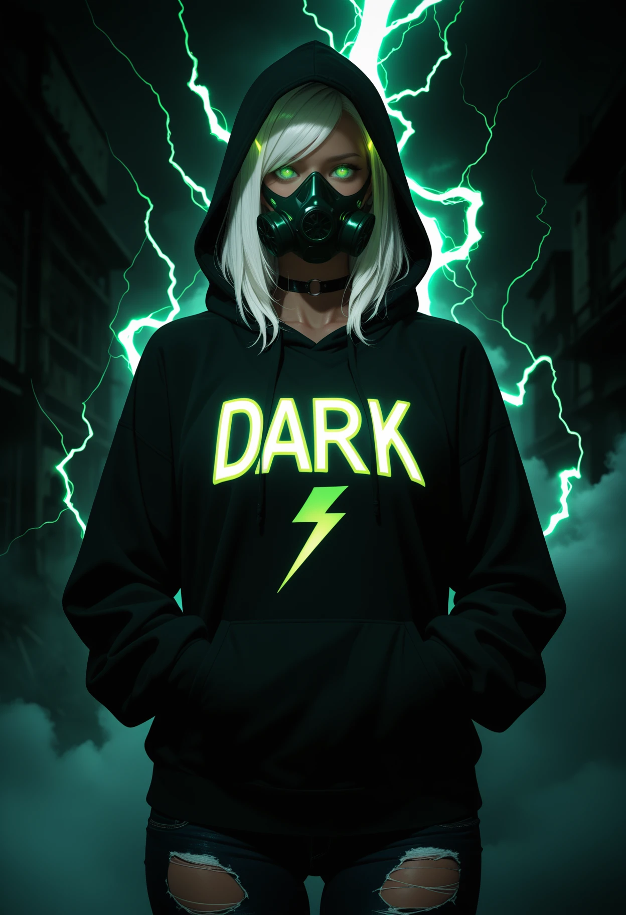 photorealistic, masterpiece, best quality, newest, absurdres, highres,
1girl, solo, glowing eyes, green eyes, white hair, swept bangs,
black hoodie, hood up, torn jeans, black pants, black choker, gas mask,
post-apocalypse, abstract background, dark background, green lightning, fog, energy,
hands in pocket,
upper body,
BREAK;
<lora:Harrlogos_v1.1:1> (("Dark":2.0) text logo, clothes writing, green neon lights),