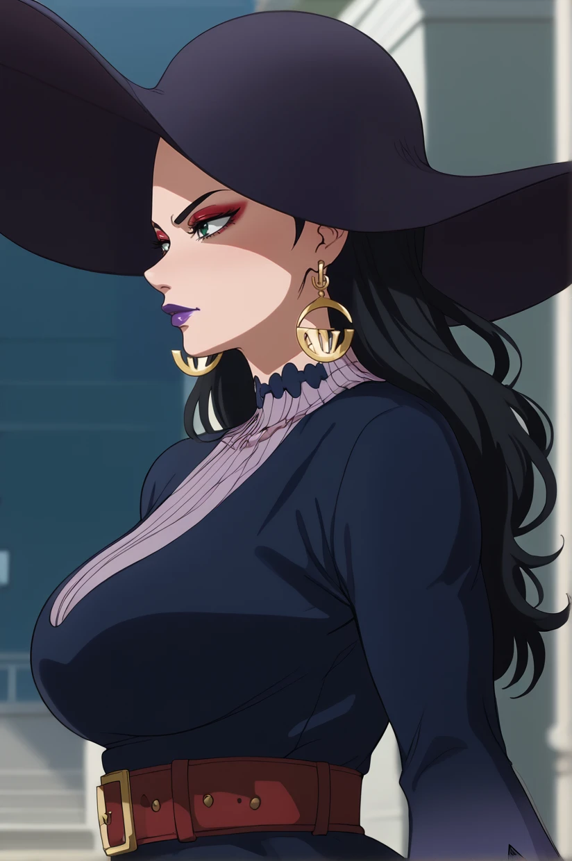 <lora:BNHDeborahGolliniNSLT:1> BNHDeborahGollini, black hair, green eyes long hair, , makeup, lipstick, purple lips, red eyeshadow, long fingernails, nail polish, red nails, sun hat, crescent earrings, belt, long dress BREAK standing, wide , curvy BREAK serious, close mouth, BREAK outdoors BREAK <lora:SADDFG:1> SADDFG, blurry background, 8k, masterpiece, absurdes, highly detailed, highres, high quality, best quality, score_9, score_8_up, score_7_up, score_6_up, detailed eyes, detailed hair, detailed skin, looking at viewer, portrait, upper body, close-up, bust, solo, solo focus, depth of field, backlighting, eye reflection, sidelighting, facing viewer