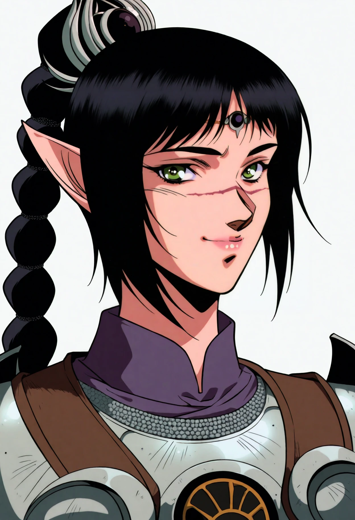 retro artstyle, best quality, amazing quality, very aesthetic, absurdres, BREAK
1girl, solo, shadowheart, black hair, braided ponytail, green eyes, scar on face, circlet, armor, elf, pointy ears,
pelvic curtain,
smile, looking at viewer, upper body, simple background, white background, <lora:ShadowHeartIllustrious_byKonan:1>, <lora:RecordofLodossWarNoob_byKonan:1>