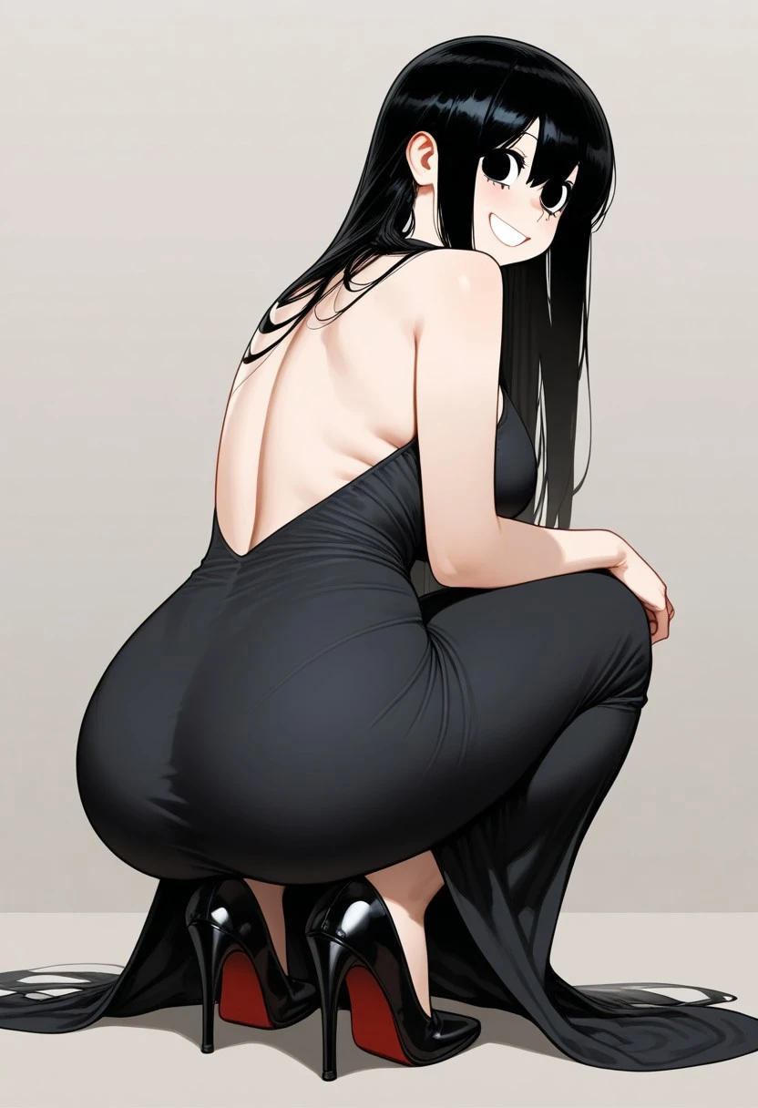 Nico Robin, Slicked back hair, Large Breasts, mature Black tight dress Red High Heels Bare shoulders Stretch your legs and stick your butt out, Spread your legs Stick your ass out Tight ass Wet ass Sperm dripping from between her legs Squirting Bedroom Background Panting with open mouth Put your dick in your pussy Embarrassed