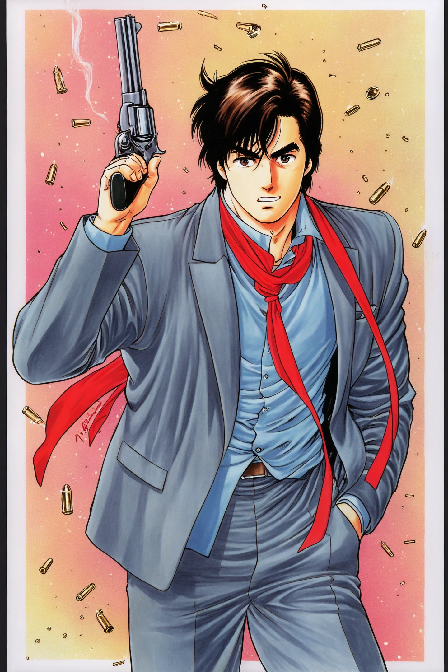 Saeba Ryo,1boy,weapon,male focus,gun,necktie,solo,brown hair,scarf,handgun,holding weapon,holding,revolver,brown eyes,jacket,suit,shell casing,holding gun,pants,formal,cigarette,red necktie,bullet,standing,looking at viewer,traditional media,hand in pocket,upper body,
<lora:Tsukasa Hojo_illustriousXL:0.8>,