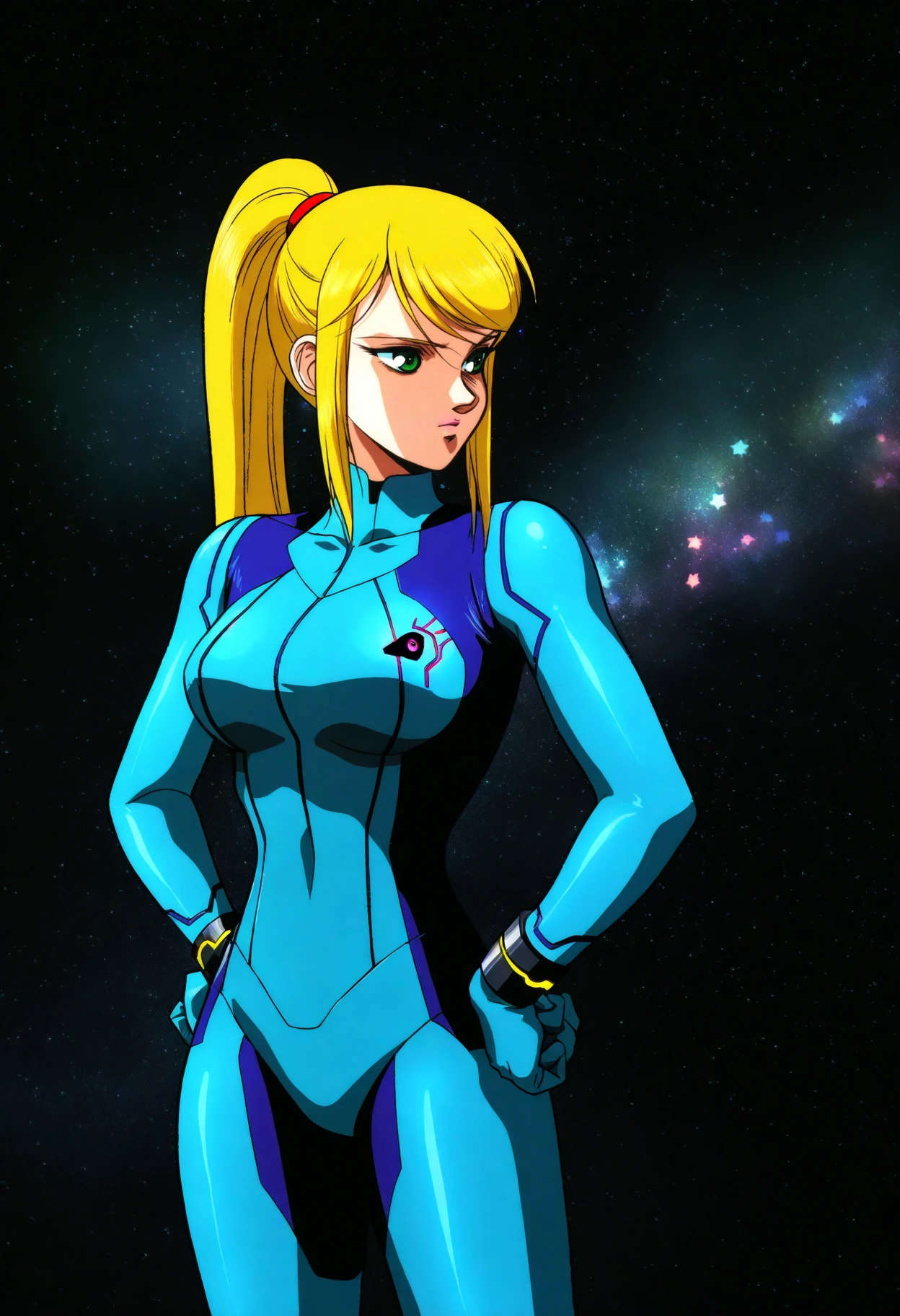 best quality, amazing quality, very aesthetic, absurdres,
retro artstyle, BREAK
(black background, galaxy background, starry background:1.8),
1girl, samus aran, green eyes, blonde hair, medium hair, ponytail, sidelocks,
blue bodysuit,
standing, hands on hips, <lora:RecordofLodossWarNoob_byKonan:1>