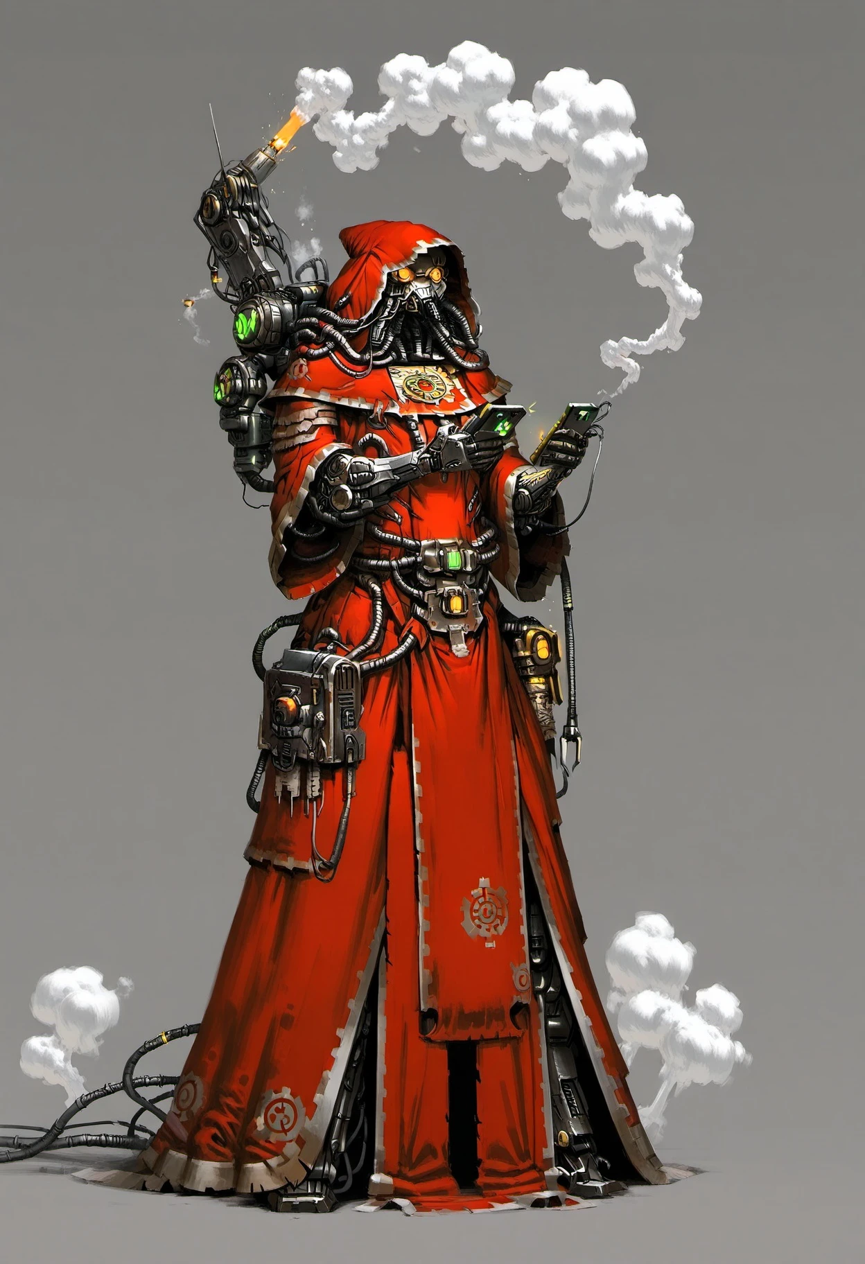 masterpiece, best quality, <lora:adeptus_mechanicus_character_ill_v1:1> characteradeptusmechanicus, solo, simple background, holding, standing, hood, grey background, orange eyes, glowing, phone, cellphone, robot, holding phone, science fiction, smoke, robe, cable, wire, tube, red robe